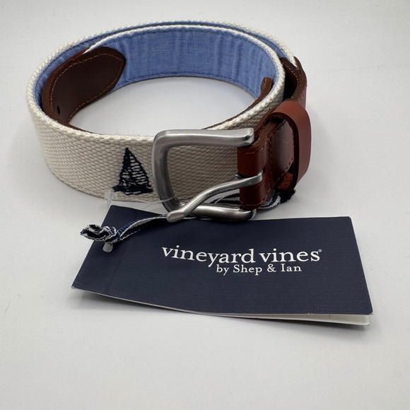 Vineyard Vines Sailboat Canvas Classic Belt Men's 32 Italian Leather Trim New - Picture 1 of 5